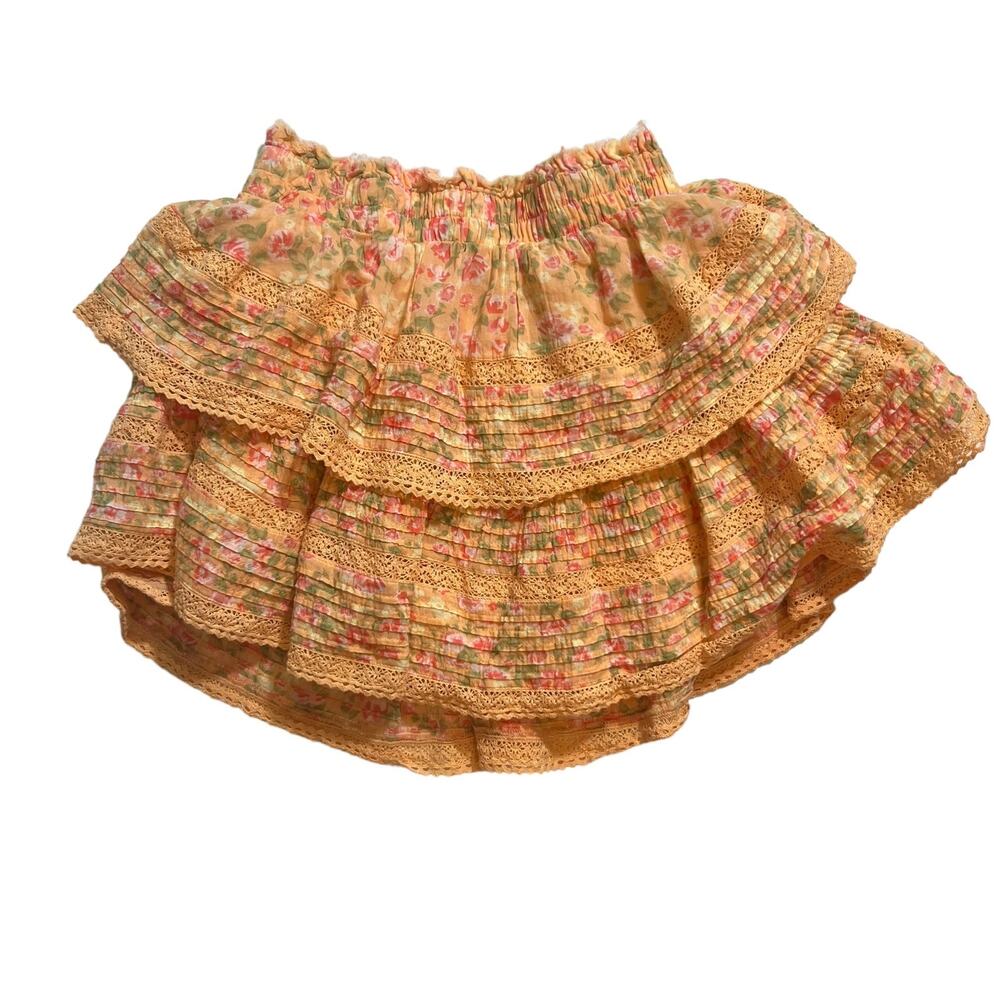 AERIE Orange Floral Rock N Ruffle Lightweight Crinkle Mini Skirt Small